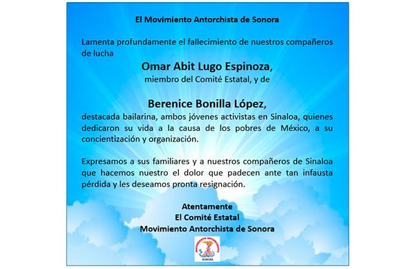 Esquela: Omar Abit Lugo Espinoza y Berenice Bonilla López