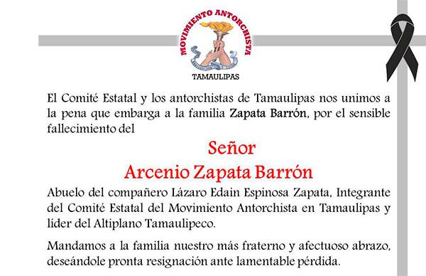 Esquela: Arcenio Zapata Barrón 